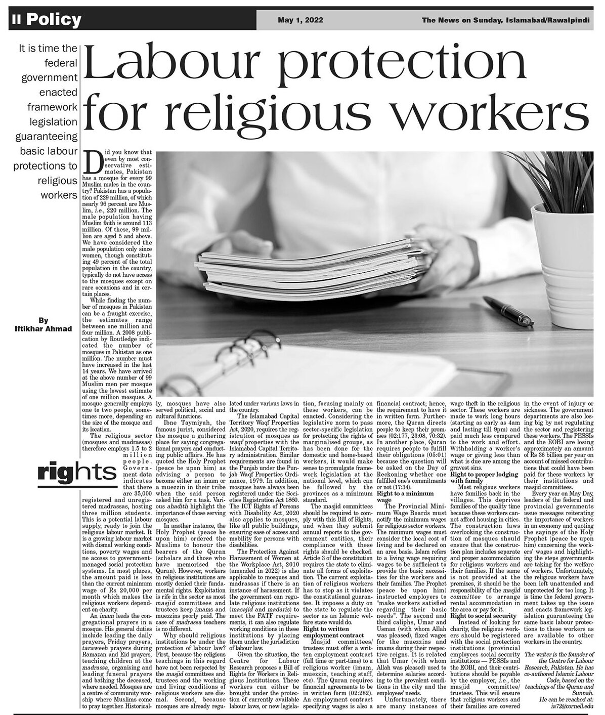 Labour protection for religious workers article
