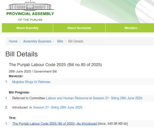 (Punjab Labour Code 2025 (Bill no.85 of 2025)), as introduced in the Punjab Assembly on 26 June 2025